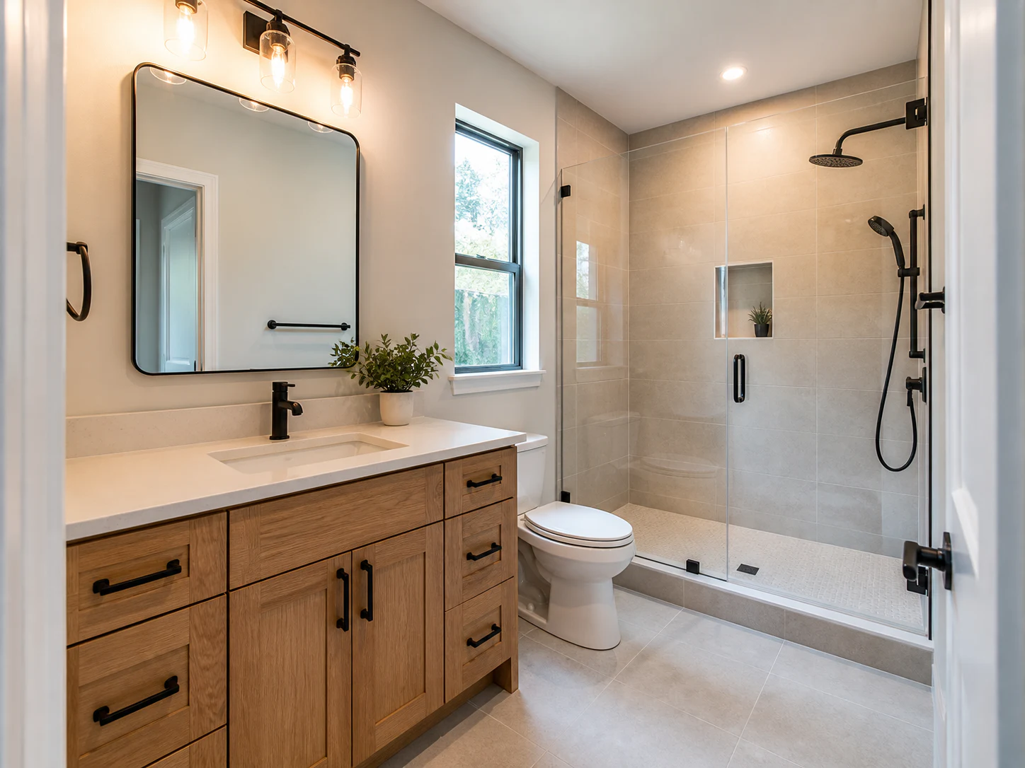 Representative practical bathroom remodel with tile, glass, vanity, and finished trim