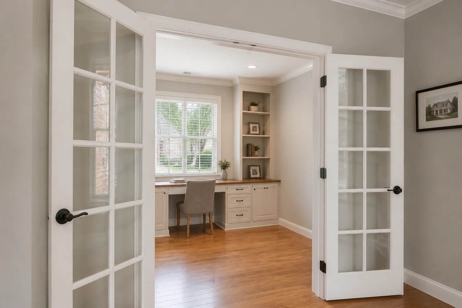 Representative completed office conversion with French doors, built-in work surface, and finished trim
